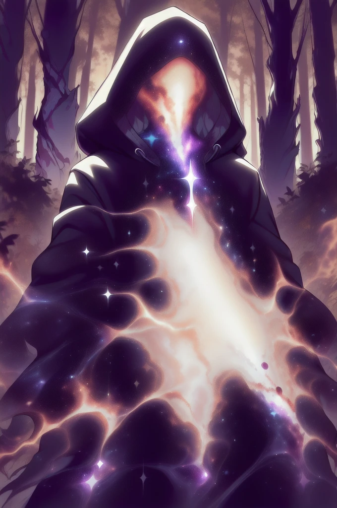 dark celestialskin body , void cosmic body, colored skin, flat color, jet black skin, a white cloak, hood on, holding an open book infront of him, silhouette,1boy,
portrait, upper body,in a forest , front view, holding a book, a flying book, flying pages.