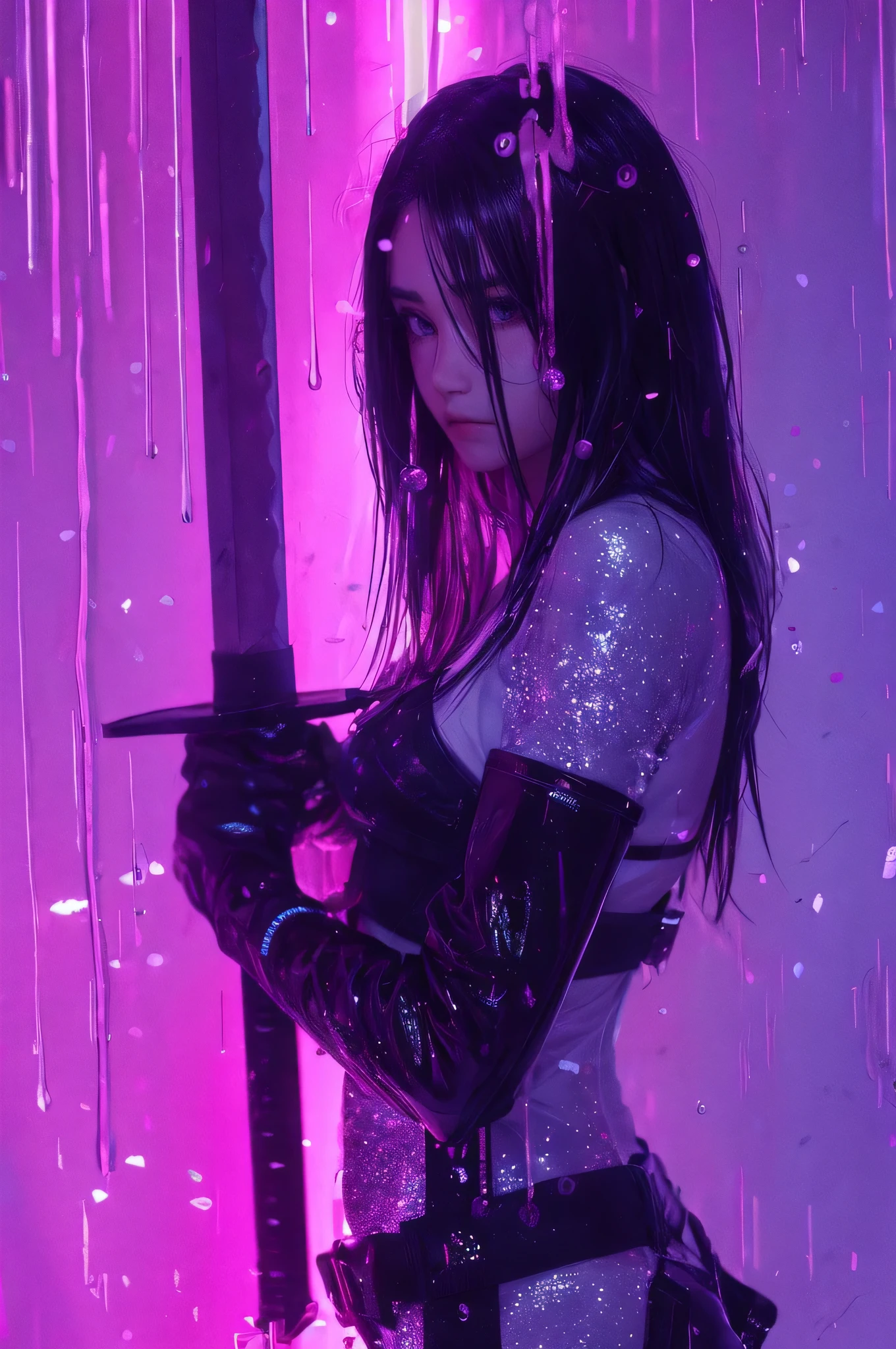 a female warrior holding a sword , 4k quality, ninja warrior. Vaporwave , porcelain patches of pastel pink and glitter, marble, dripping holographic liquid, cinematic pastel lighting, fairy lights, neon orb lights,