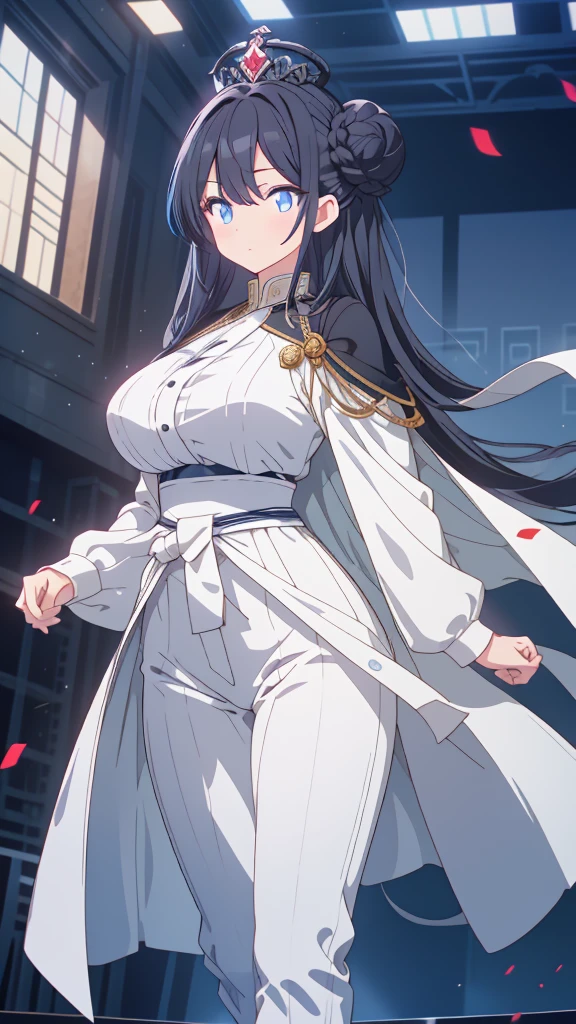 best quality, extremely detailed, anime style adult 1girl, long hair down to the waist, straight hair, ((dark black hair with bluish)), ponybun,crown braid,beautiful detailed eyes, pinched eyes, dark blue eyes, huge breasts,curvy,((((white cool prince clothing)))),trousers,((crown)),Clothes with a lot of cloth area,masculine attire,handsome,((stage)),