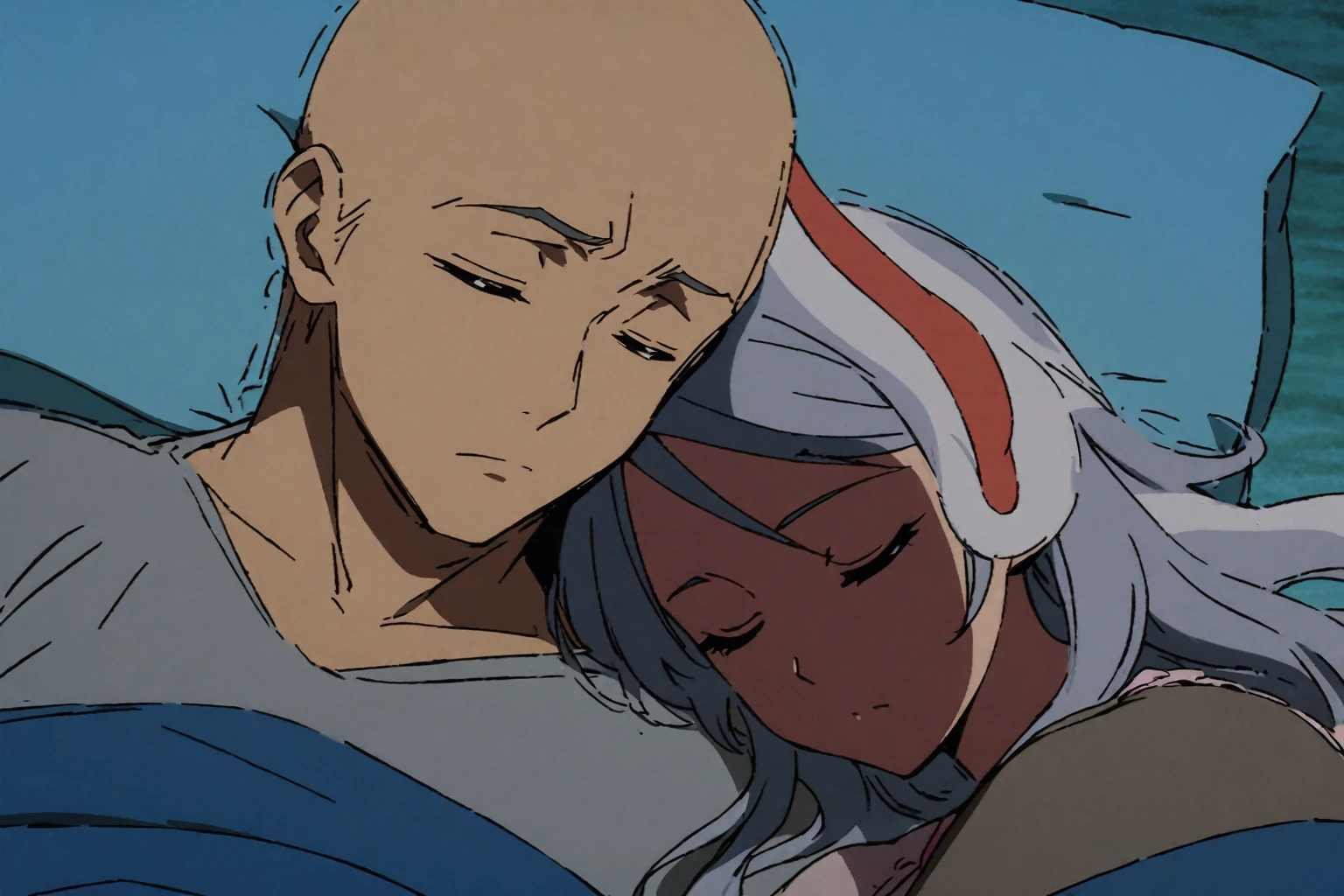anime drawing, , a man and a woman asleep on each other's shoulders, anime style, a bald man, a woman with long white hair and brown skin and rabbit ears, tender, romantic,