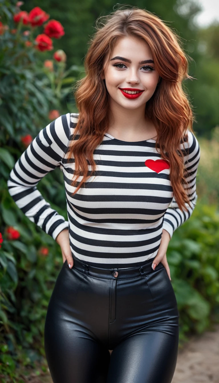 ultrarealistic high quality full body photo of a beautiful super busty slim european 19-year-old woman with cute hyperdetailed shy face and redhead shoulder length messy hair and shy smile, realistic round black eyes, red lips, dark eye makeup with eyeliner, wearing striped longsleeve and faux leather leggins, hourglass body, tanned, outdoor photography