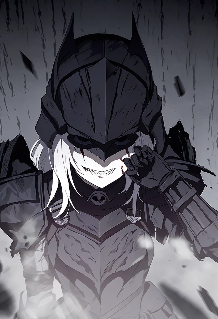 young woman, The Dark Knight, dark angular armor, creepy shoulder pads, gloomy plate gloves, black steel cuirass with designs, Long white hair, creepy face-hiding helmet, lower skull mask
