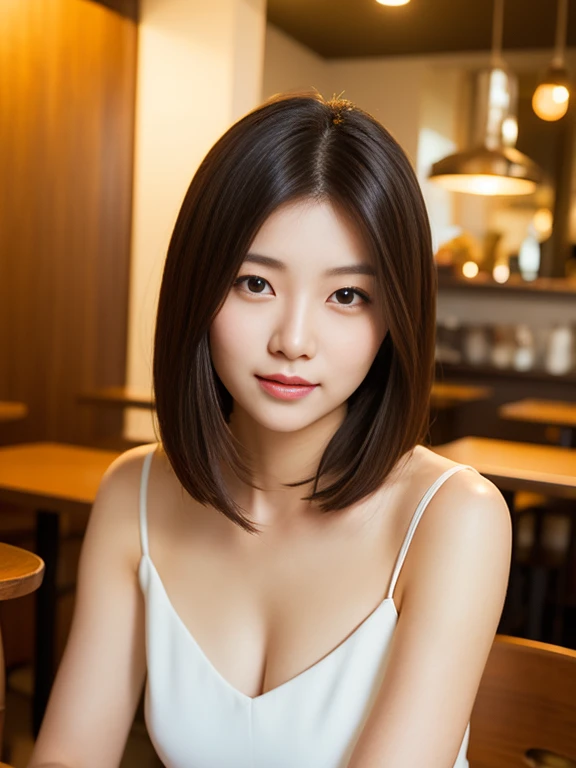 (a beautiful young japanese woman, detailed asian face, gorgeous young asian woman, short hair, white dress, the cowboy shot, photorealistic, masterpiece, best quality, high resolution, no background, cafe interior background)