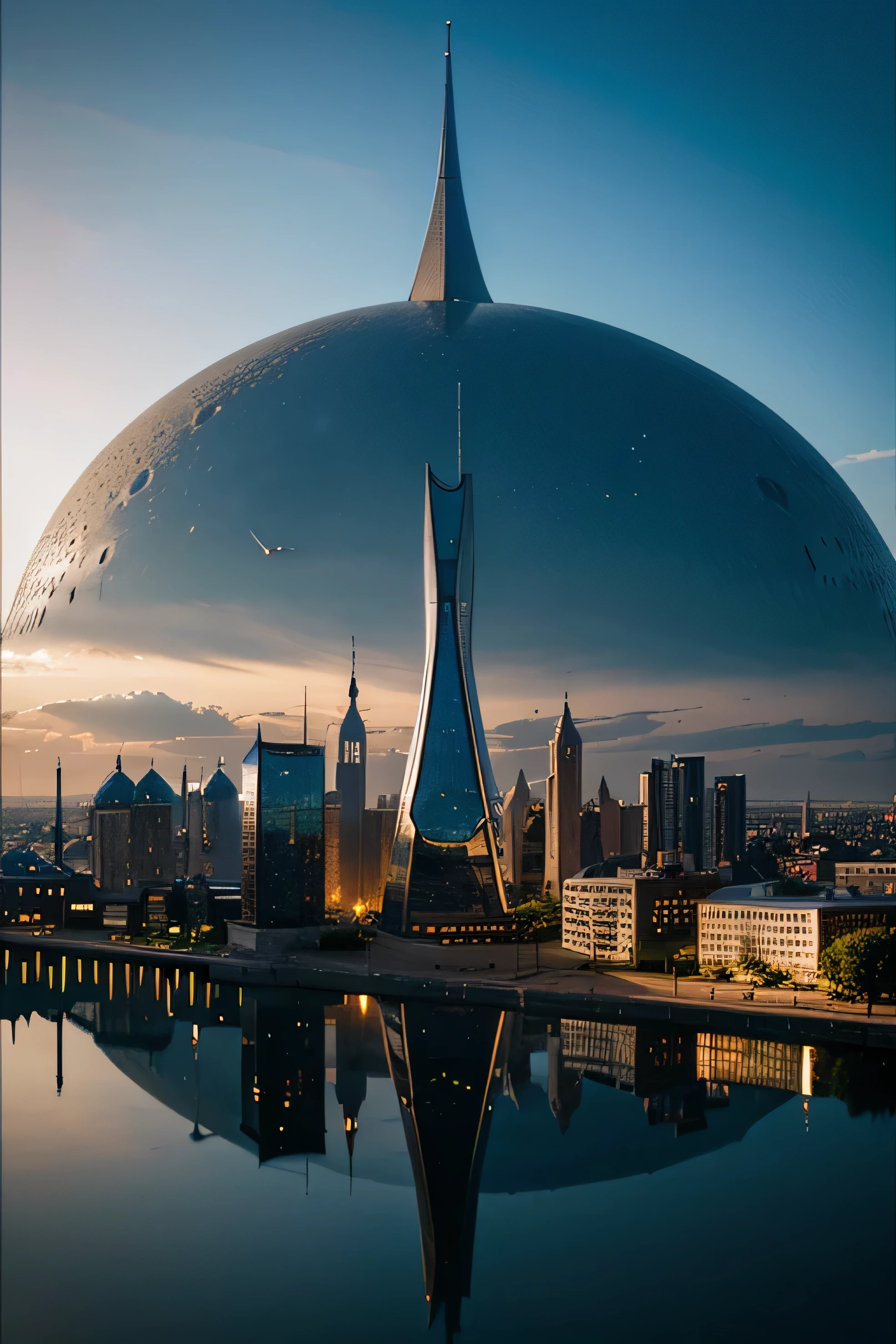 a futuristic city and a medieval city reflecting on the water.

