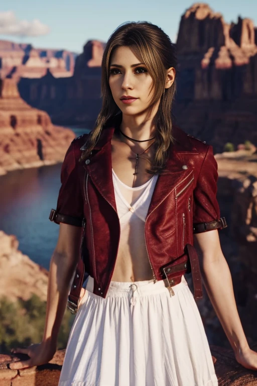 Iris Final Fantasy in a red cowboy jacket, in a skirt, in a white T-shirt top against the backdrop of canyon mountains art 3D realistic