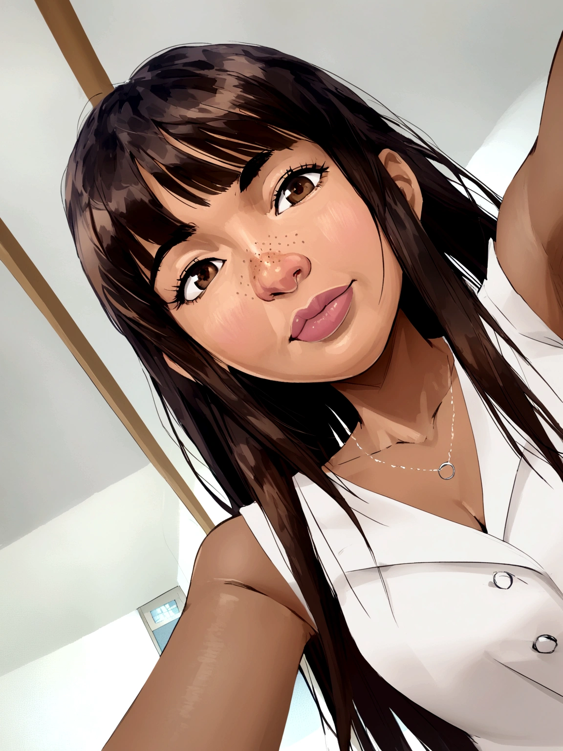 Young woman with long brown hair and short bangs parted in the middle, with white blouse presenting work at college, brown eyes, few freckles on the nose, square face. Pixar-style, brown skin