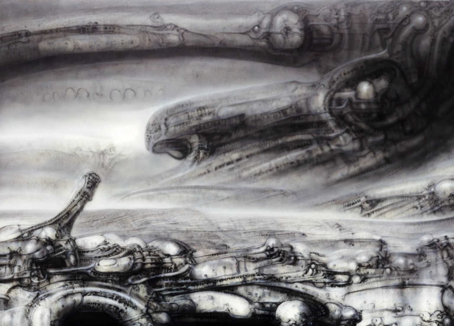 Giger_style, A painting of (biological style scenery), (neoplasticism:liminal void:0.1),a landscape under nebulous sky, dieselpunk biological living, colossal,mechano-organic, infestations over beomesurreal biomechanical landscape, , robotics cross sections, ((perspective)), h r giger's city,giger_style, by (hariton pushwagner:h.r. giger:0.6), detailed innards,(((cleen colors palette,saturated, silver crimson and gold, intoxicatingly blue and understand grey))), (process art:deconstructivism), allegory of sin,infinitely detailed ultrafine and contrast organic textures,big painting,, medium: airbrush, biomech, aerial view yoji shinkawa, award winning on artforum, (( high contrast)), trend on quality of details,colorized: vibrant  colors, incredibly detailed and hyper-detailed, masterpiece