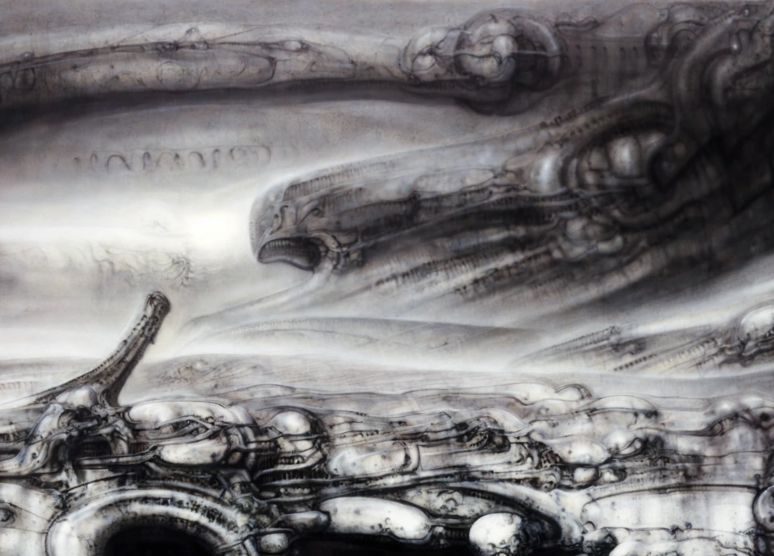 Giger_style, A painting of (biological style scenery), (neoplasticism:liminal void:0.1),a landscape under nebulous sky, dieselpunk biological living, colossal,mechano-organic, infestations over beomesurreal biomechanical landscape, , robotics cross sections, ((perspective)), h r giger's city,giger_style, by (hariton pushwagner:h.r. giger:0.6), detailed innards,(((cleen colors palette,saturated, silver crimson and gold, intoxicatingly blue and understand grey))), (process art:deconstructivism), allegory of sin,infinitely detailed ultrafine and contrast organic textures,big painting,, medium: airbrush, biomech, aerial view yoji shinkawa, award winning on artforum, (( high contrast)), trend on quality of details,colorized: vibrant  colors, incredibly detailed and hyper-detailed, masterpiece