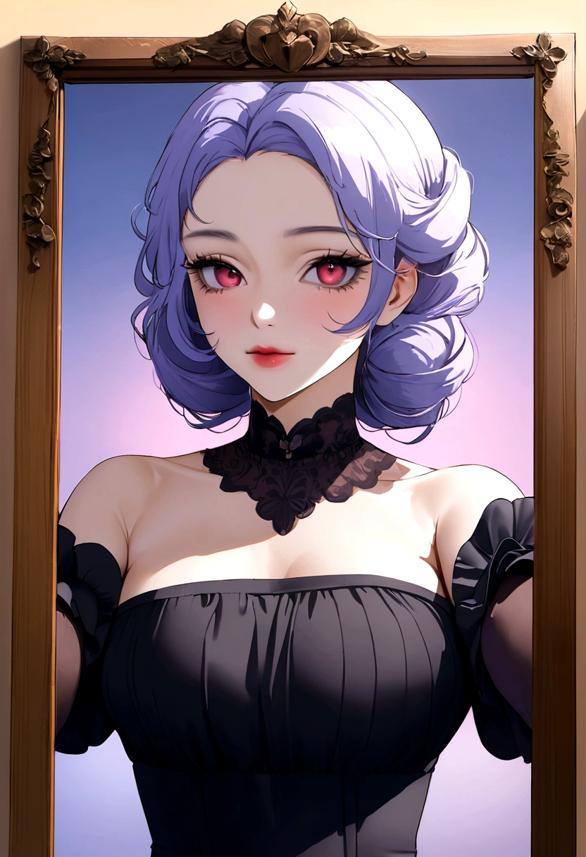 One young and beautiful woman,(Detailed Description,Incredibly absurd,High resolution,8k wallpaper,masterpiece,Highest quality,Depth of region,Anatomically accurate depiction,A face with attention to detail, Eye for detail,Perfect body,Nice hands, Perfect Fingers),(Glowing Skin,Shiny skin),(A woman in a noble dress stands in front of a mirror:1.3,The image of a succubus with an evil smile is reflected in the mirror.:1.5,Succubus has demon wings,Succubus eyes are crazy:1.3),eyelash,Purple Eyes,Half-closed eyes:1.3,There is cleavage in the chest,Glossy lipstick,A dress with a complex structure,Luxury accessories,necklace,Bracelet,(background:Large mirror),High quality anime drawings