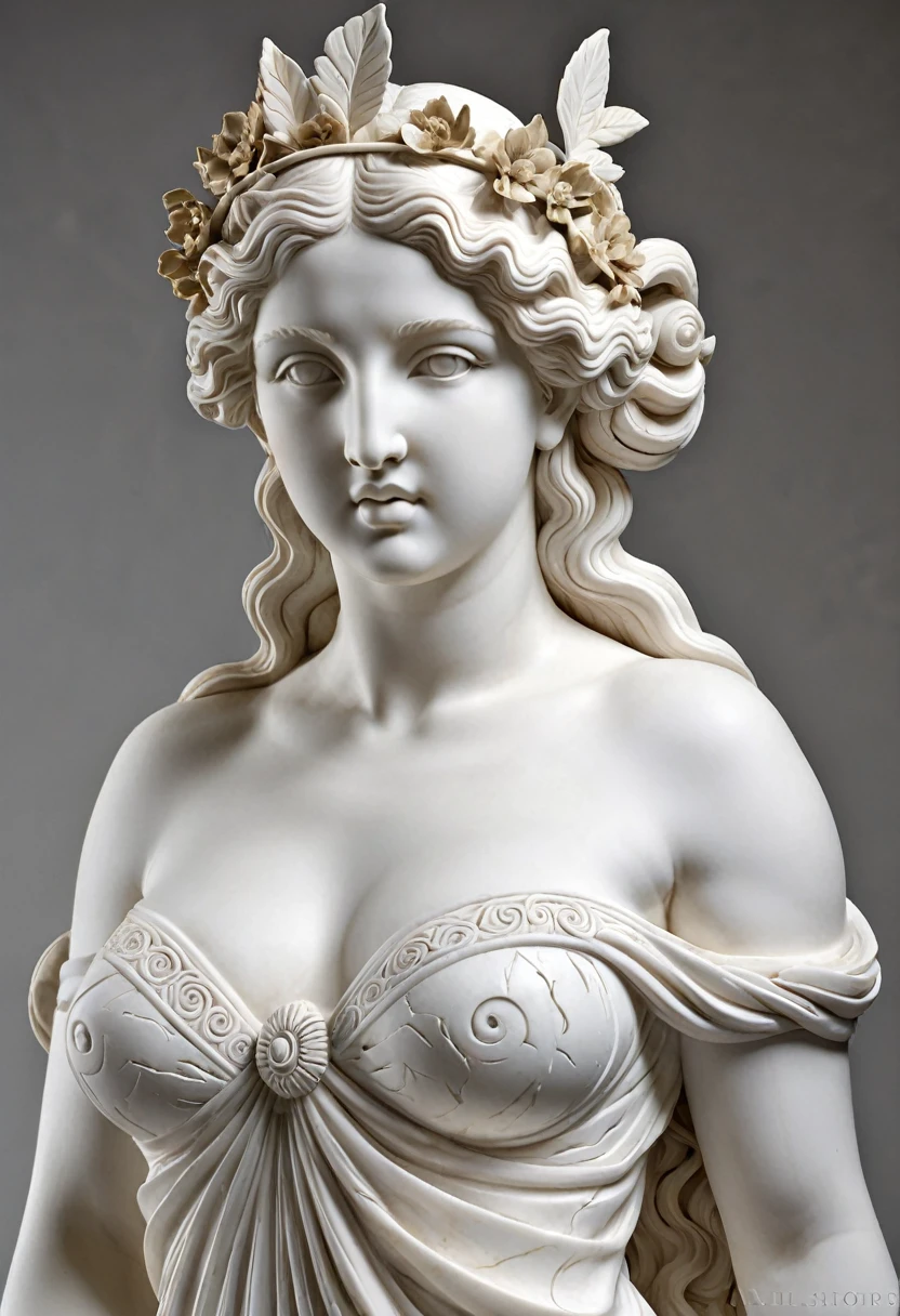 "Create an image of a highly detailed and intricate sculpture of the Greek Goddess Aphrodite carved from white marble, capturing her beauty and grace in exquisite detail."