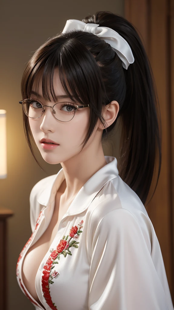 (8K, Highest quality, masterpiece), Very detailed, masterpiece, Realistic lighting, masterpiece, Highest quality, masterpiece, Official artwork, Very detailed 8K unity CG wallpaper, A age girl with a pretty face, Long dark hair tied in a ponytail with a beautiful diamond ribbon, Elegant and beautiful, Wear glasses, Wearing white silk pajamas with red embroidery, Big Breasts, Wearing high heels.