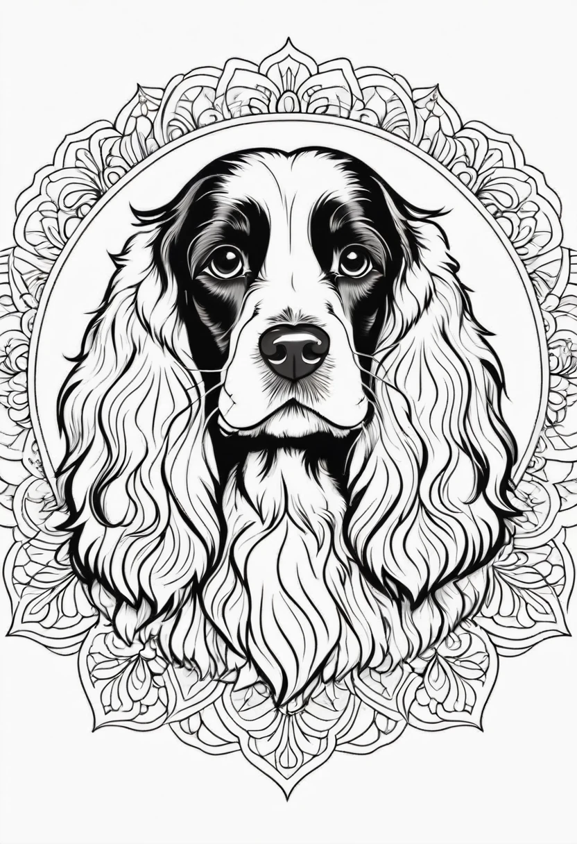happy white and black cocker spaniel, Simplified Mandala style, outline, vector, white background