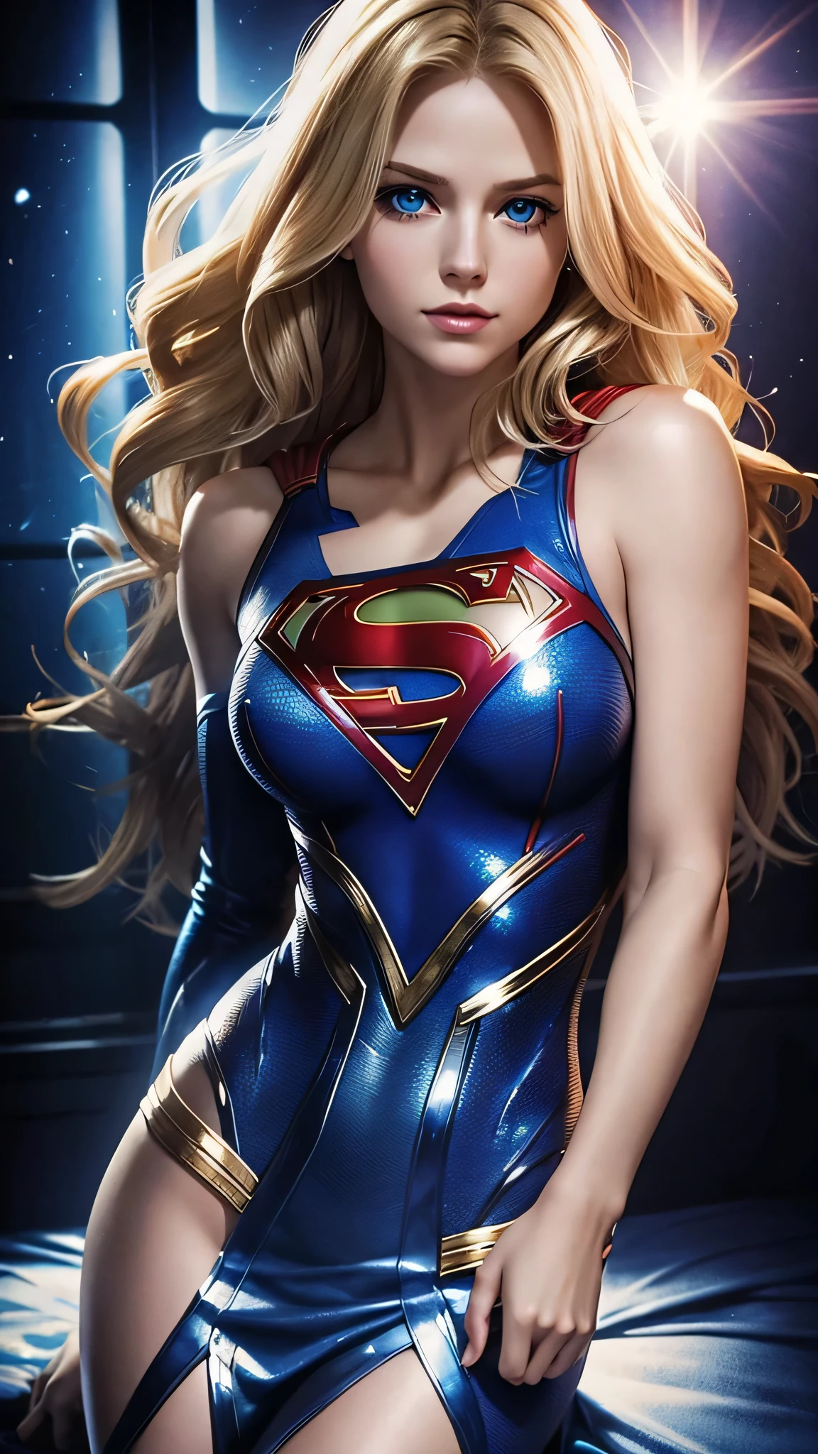 The character Supergirl, perfect costume, shiny blue eyes, beautiful blond hair, 