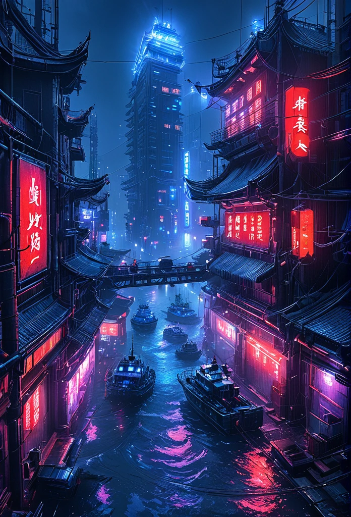 CyberCity, (blue:1.3)，（red:1.4）,(harbor:1.3), (ship:1.2),  neon lights, scenery, chinese_building, outdoors, road, night, sign, street, riot police,

criminals,(bird eye view:1.2), heavy rain blinking light, full of water