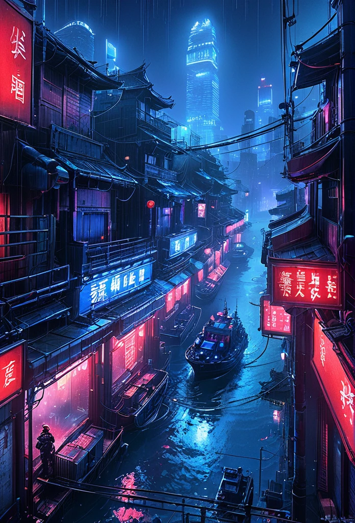 CyberCity, (blue:1.3),(red:1.4),(harbor:1.3), (ship:1.2), neon lights, scenery, chinese_building, outdoors, road, night, sign, street, riot police,
criminals,(bird eye view:1.2), heavy rain blinking light, full of water