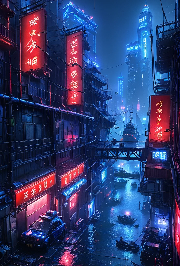 CyberCity, (blue:1.3)，（red:1.4）,(harbor:1.3), (ship:1.2),  neon lights, scenery, chinese_building, outdoors, road, night, sign, street, riot police,

criminals,(bird eye view:1.2), heavy rain blinking light, full of water