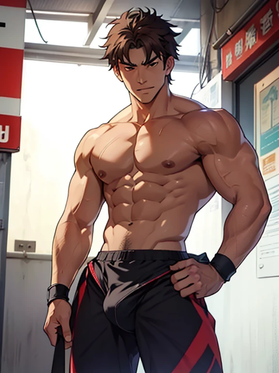 The highest image quality,masculine people,,1 chico,Young and pretty,Show,Brown hair,short straight hair,Dark skin,big breasts anime,Animated wallpaper,Alone,male focus,underwear,Dilation of the pectoral muscles.,protruding crotch,urban background,Open your legs,sexy,(master part, Best Quality),long white socks,Red Martin Boots,without the shirt, flexing your muscles, Make a naughty face, big chest, hot abs