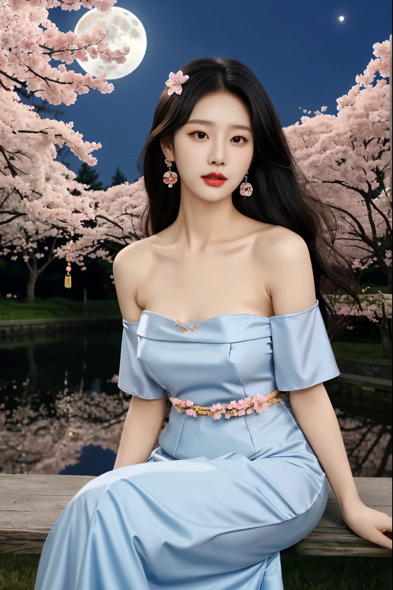 1girl, solo, black hair, moon, dress, realistic, long hair, cherry blossoms, night, flower, jewelry, bare shoulders, looking at viewer, earrings, hair ornament, full moon, collarbone, korean clothes, lips, branch, sitting, hanbok, chinese clothes, strapless, shawl, night sky, black eyes, sky