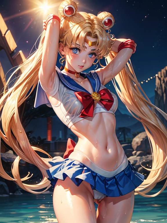 Sailor moon, ( body  shot ), stripping, wet bikini, orgasam, very seductive expression, very cute, cute, bikini, wet clothes, see through, clevage, wet,seductive pose, ultra high quality, ultra high definition, ultra realistic, 8k, masterpiece