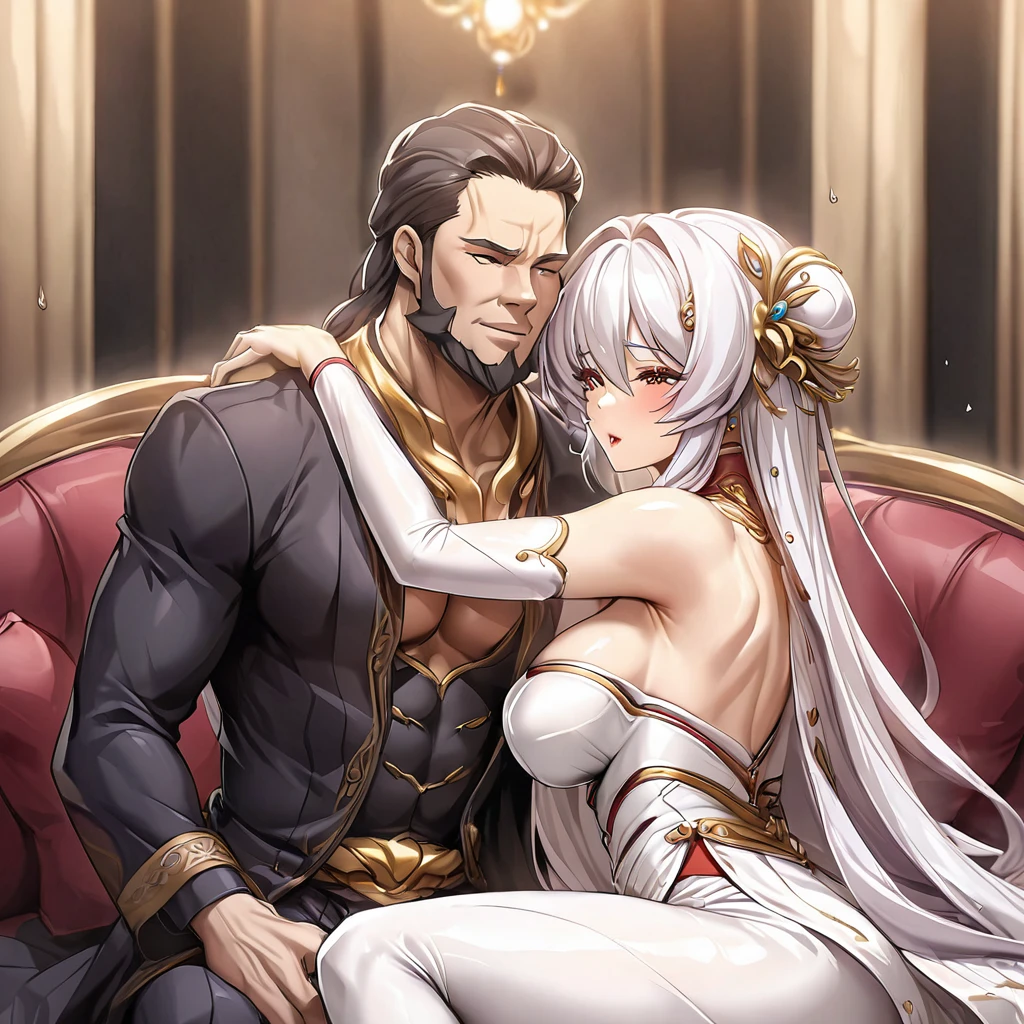 ((Highest quality)), ((masterpiece)), (detailed), (Perfect Face)、The woman is a Vietnamese woman named Katsuragi Marina, wearing a gorgeous and glittering Ao Dai, a traditional Vietnamese dress with gold embroidery, a gorgeous hair ornament, gorgeous jeweled accessories and an engagement ring. The woman and the man are sitting on a gorgeous, large sofa in a luxurious room, and the woman is passionately embracing and passionately kissing the dignified and bearded middle-aged Vietnamese man wearing Vietnamese national dress, making passionate love as a married couple.、The woman is the elegant Katsuragi Marina, a Vietnamese woman with brown semi-long hair wearing an ao dai.、The man is a dignified, muscular, bearded, middle-aged Vietnamese man wearing Vietnamese national dress.