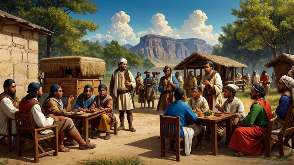 Design an image that captures the essence of cross-cultural encounters during the Age of Exploration. Show scenes of European explorers interacting with indigenous peoples, exchanging goods, ideas, and knowledge. Include diverse elements like trading posts, marketplaces, and religious missions, highlighting the blending and clashing of cultures. Emphasize the human curiosity and ambition that drove these encounters, and the lasting impact they had on shaping the modern world.