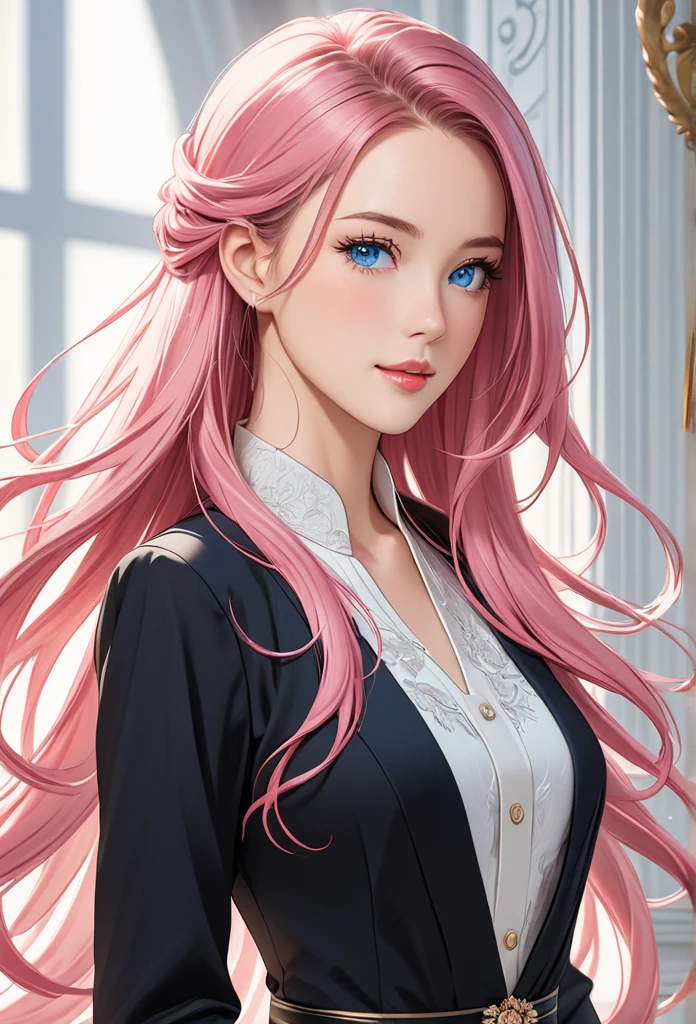 adult woman, long hair, pink hair, open forehead, no bangs, blue eyes, elegant clothes, beautiful