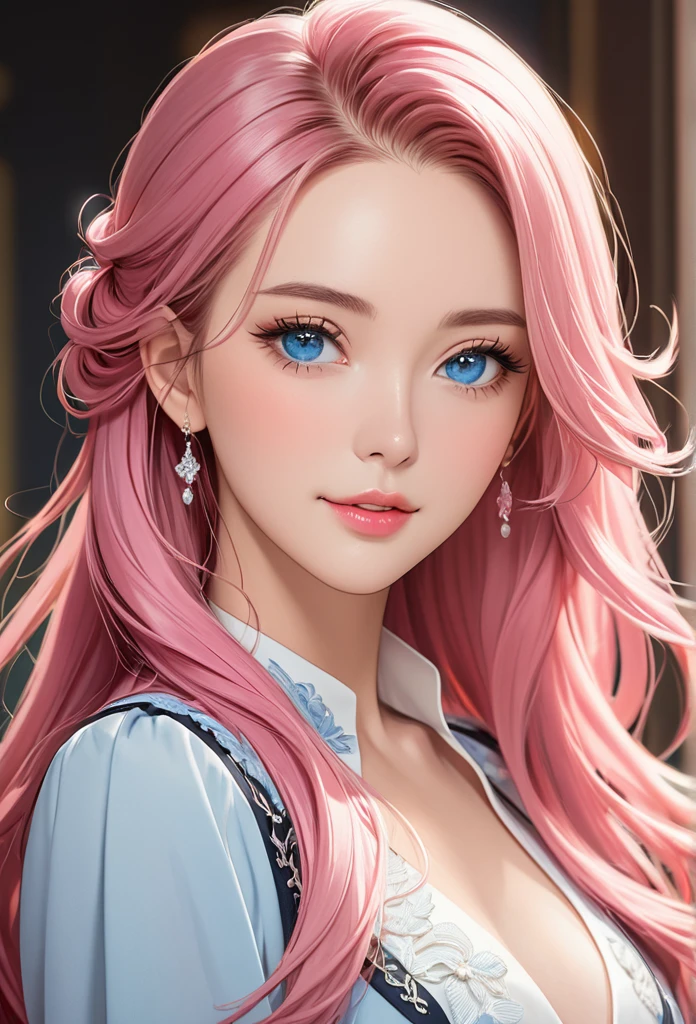 adult woman, long hair, pink hair, open forehead, no bangs, blue eyes, elegant clothes, beautiful 