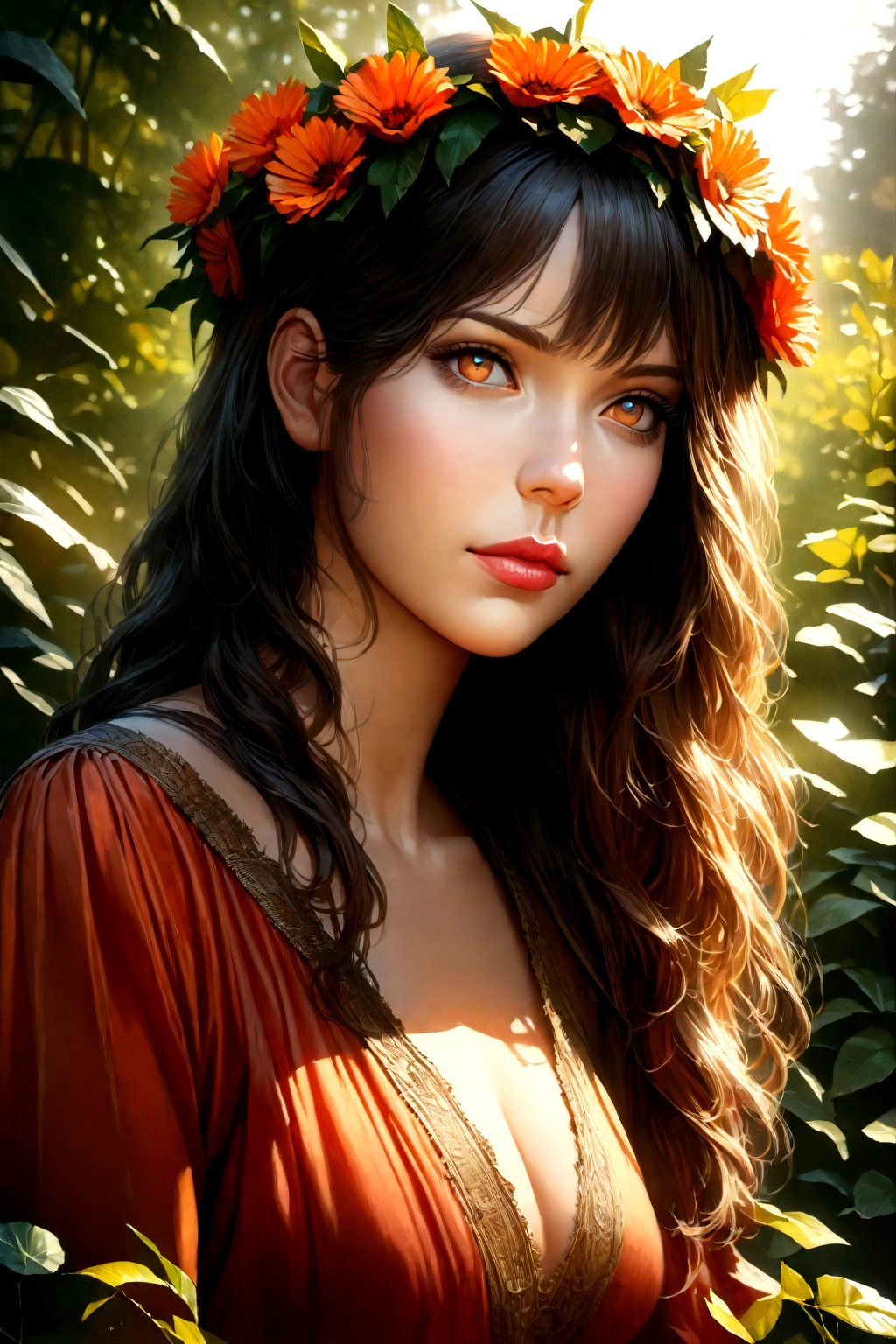 a beautiful girl in a garden, 1girl, detailed face, detailed eyes, detailed lips, beautiful long hair, flower crown, colorful dress, sunlight, golden hour, vibrant colors, lush greenery, (best quality,4k,8k,highres,masterpiece:1.2),ultra-detailed,(realistic,photorealistic,photo-realistic:1.37),intricate details,highly detailed,cinematic lighting,dramatic lighting,vivid colors,warm color palette