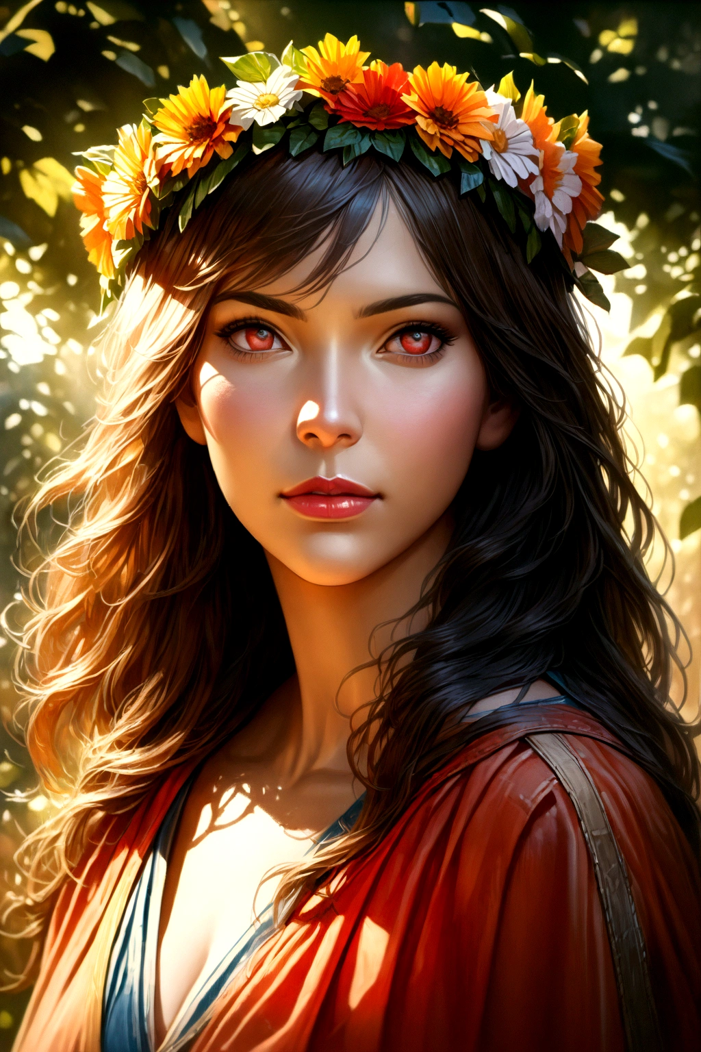 a beautiful girl in a garden, 1girl, detailed face, detailed eyes, detailed lips, beautiful long hair, flower crown, colorful dress, sunlight, golden hour, vibrant colors, lush greenery, (best quality,4k,8k,highres,masterpiece:1.2),ultra-detailed,(realistic,photorealistic,photo-realistic:1.37),intricate details,highly detailed,cinematic lighting,dramatic lighting,vivid colors,warm color palette