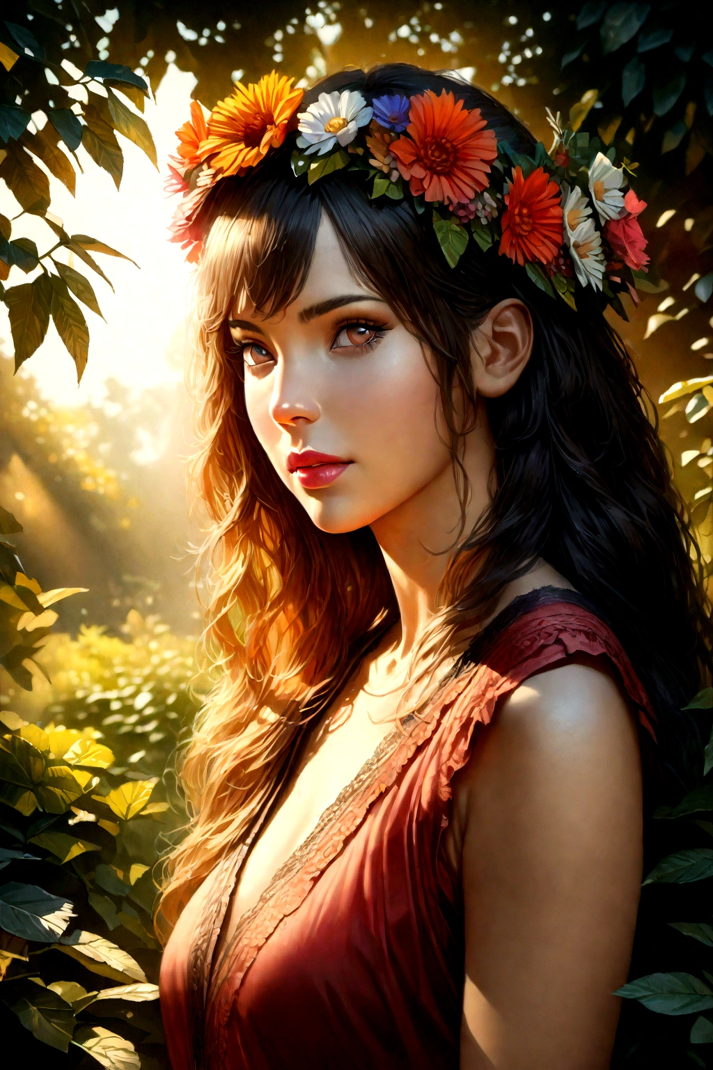 a beautiful girl in a garden, 1girl, detailed face, detailed eyes, detailed lips, beautiful long hair, flower crown, colorful dress, sunlight, golden hour, vibrant colors, lush greenery, (best quality,4k,8k,highres,masterpiece:1.2),ultra-detailed,(realistic,photorealistic,photo-realistic:1.37),intricate details,highly detailed,cinematic lighting,dramatic lighting,vivid colors,warm color palette