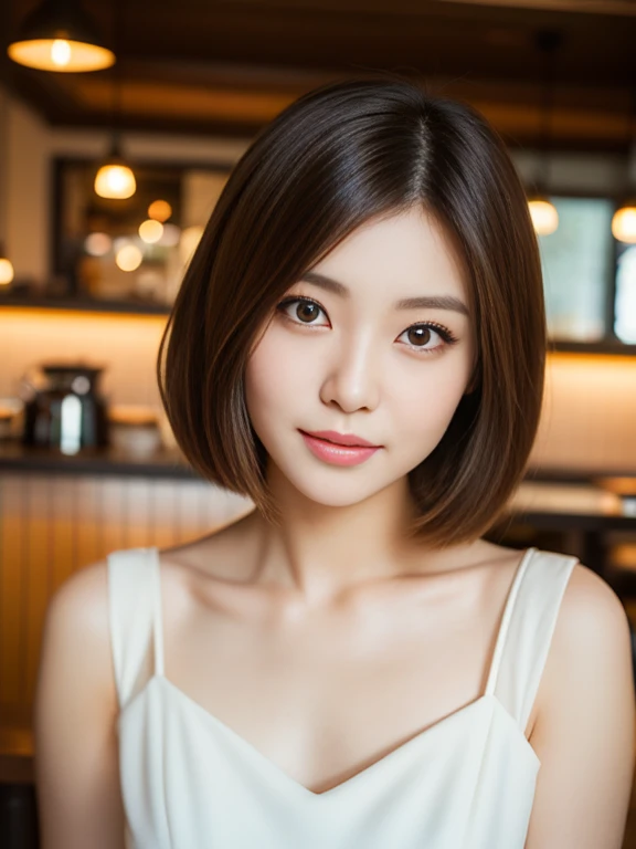 (a beautiful young japanese woman, detailed asian face, realistic face, beautiful detailed eyesgorgeous young asian woman, short hair, white dress, the cowboy shot, photorealistic, masterpiece, best quality, high resolution, Bokeh background, cafe interior background)