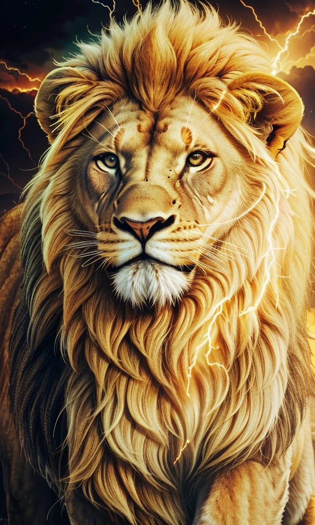 Lion, Divine Lion, naturals, thunder, Realistic Lion, rey, realistic detailed, Sunset light, sky, Sol noturno, realistic detailed 16K, Eletricidade Detalhada 8K, Darkness Background, Texturas realistas de 8K, Cores photorrealistic 8K, fire azul, realistic detailed Fire Bolt, sky Light Detailed, Power of thunder, Realistic Divine, gold color, Divine gold, Golden light, naturey, Linda, Rendering, photorrealistic, UltraHigh definition, 4K, detailed textures, thunder, detailed shadows, detailed colors, neon blue, blue light, lightning strikes, blue power, naturey Linda, Great Divine, peaceful face, naturalss, lightning strike, Electric Power Screw, detailed contrast, realistic contrast, high resolution, detailed colors, fire, villany, divine creature, 8K FullHD, realistic detailed, 16K, 8K, High definition, detailed contrast, realistic contrast, high resolution, detailed colors, fire, villany, divine creature, 8K Realistic Lion Face, realistic detailed, chic, elegance