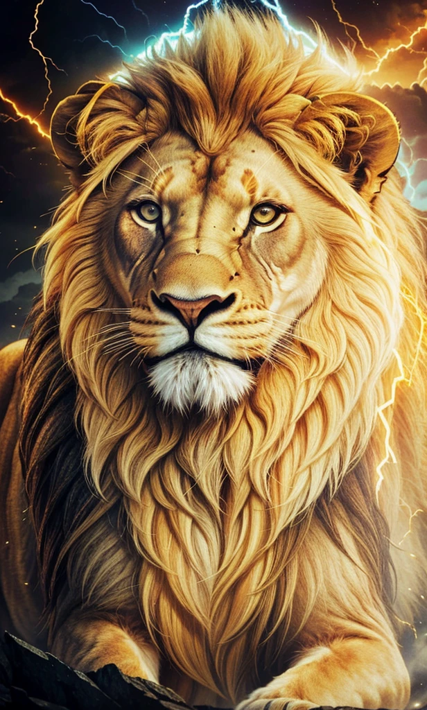 Lion, Divine Lion, naturals, thunder, Realistic Lion, rey, realistic detailed, Sunset light, sky, Sol noturno, realistic detailed 16K, Eletricidade Detalhada 8K, Darkness Background, Texturas realistas de 8K, Cores photorrealistic 8K, fire azul, realistic detailed Fire Bolt, sky Light Detailed, Power of thunder, Realistic Divine, gold color, Divine gold, Golden light, naturey, Linda, Rendering, photorrealistic, UltraHigh definition, 4K, detailed textures, thunder, detailed shadows, detailed colors, neon blue, blue light, lightning strikes, blue power, naturey Linda, Great Divine, peaceful face, naturalss, lightning strike, Electric Power Screw, detailed contrast, realistic contrast, high resolution, detailed colors, fire, villany, divine creature, 8K FullHD, realistic detailed, 16K, 8K, High definition, detailed contrast, realistic contrast, high resolution, detailed colors, fire, villany, divine creature, 8K Realistic Lion Face, realistic detailed, chic, elegance