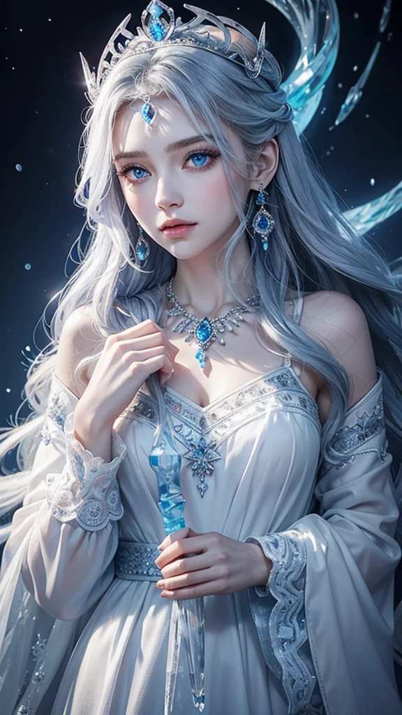 ice World ice and snow background Fantasy Elderly Ice Witch Blue Eyes Sharp, narrow eyes Heavy makeup White skin White, long, curly, wavy hair Ice Crown Tiara Blue embellished long sleeve A-line dress Gorgeous necklace Gorgeous earrings Ice wand Unleash ice magic from your hands