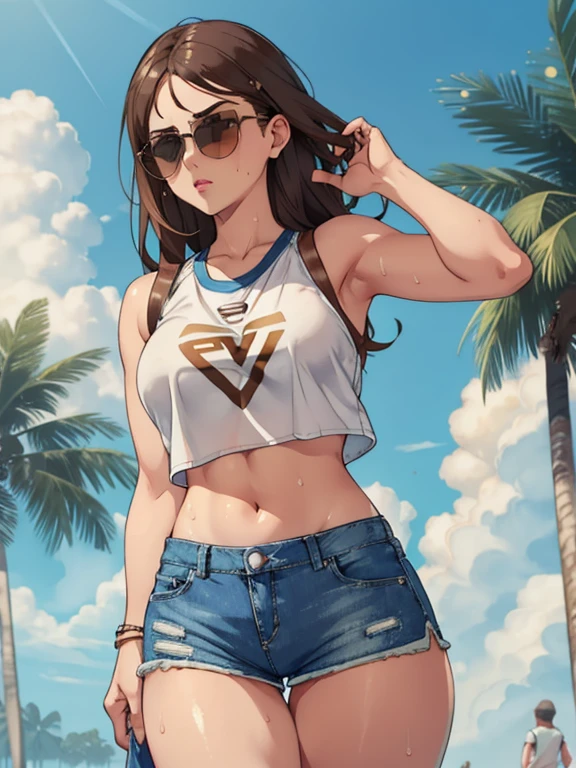 (8K、Highest quality、Highest quality、masterpiece)、Detailed face、One Girl、(Brown Skin:1.2)、Long Hair、Red Eyes、Serious、(Red Tank Top、Denim hot shorts、Open Shorts、Unziped shorts、Mini jeans Shorts、No Panties、NoPanties、Spread pussy、heart cutout)、labia view、Beach、cloud、vagina、Pussy Lip、Wedgie between Pussy Lips、Big Breasts