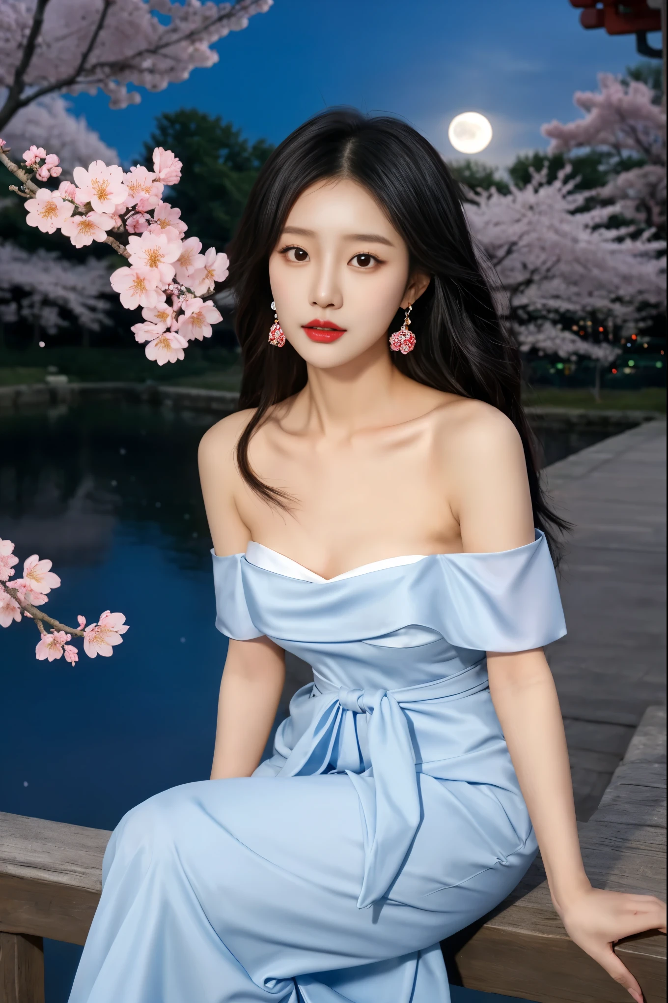 1girl, solo, black hair, moon, dress, realistic, long hair, cherry blossoms, night, flower, jewelry, bare shoulders, looking at viewer, earrings, hair ornament, full moon, collarbone, korean clothes, lips, branch, sitting, hanbok, chinese clothes, strapless, shawl, night sky, black eyes, sky