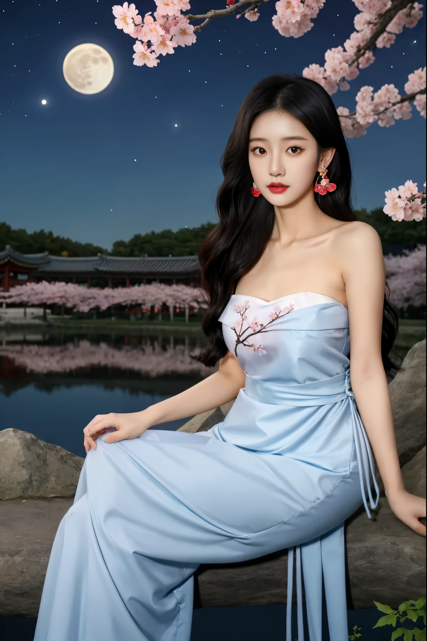 1girl, solo, black hair, moon, dress, realistic, long hair, cherry blossoms, night, flower, jewelry, bare shoulders, looking at viewer, earrings, hair ornament, full moon, collarbone, korean clothes, lips, branch, sitting, hanbok, chinese clothes, strapless, shawl, night sky, black eyes, sky