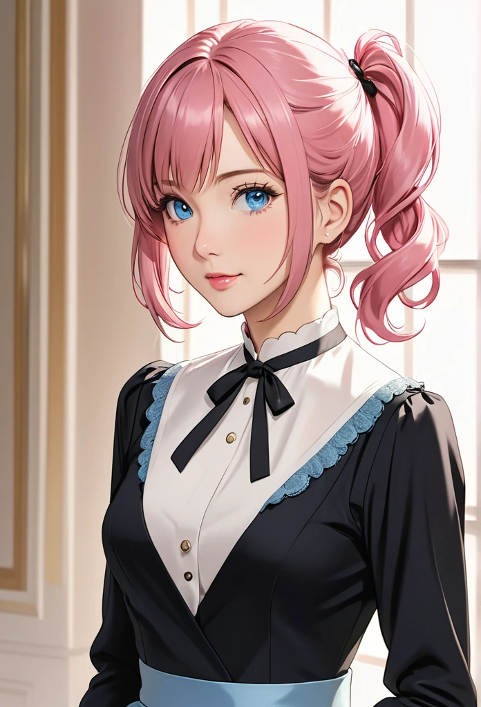 adult woman, medium length hair, pigtail, pink hair, open forehead, no bangs, blue eyes, elegant clothes, beautiful