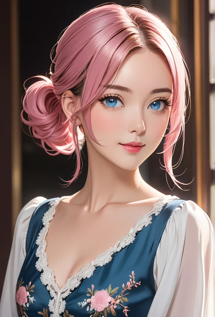 adult woman, medium length hair, pigtail, pink hair, open forehead, no bangs, blue eyes, elegant clothes, beautiful