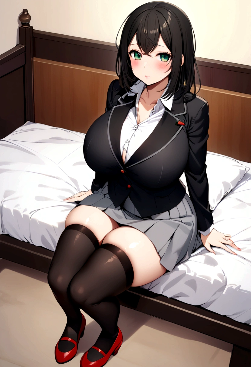 Kayama Nemuri, business suit, big breasts, grey skirt, black stockings, Red shoes, bedroom