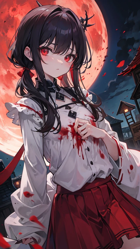 a murderous girl with a pile of corpses and a blood-red moon