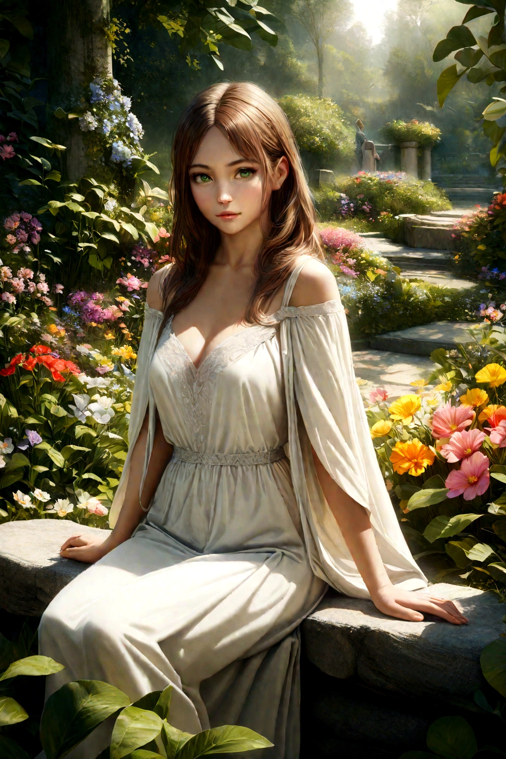 a beautiful girl in a serene garden, long brown hair, sparkling green eyes, delicate facial features, wearing a flowing white dress, sitting on a stone bench surrounded by lush greenery and colorful flowers, natural lighting, cinematic composition, highly detailed, photorealistic, 8k, award winning digital art