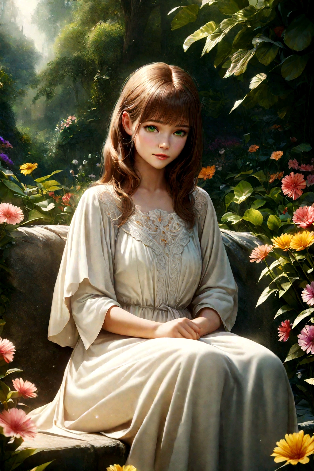 a beautiful girl in a serene garden, long brown hair, sparkling green eyes, delicate facial features, wearing a flowing white dress, sitting on a stone bench surrounded by lush greenery and colorful flowers, natural lighting, cinematic composition, highly detailed, photorealistic, 8k, award winning digital art