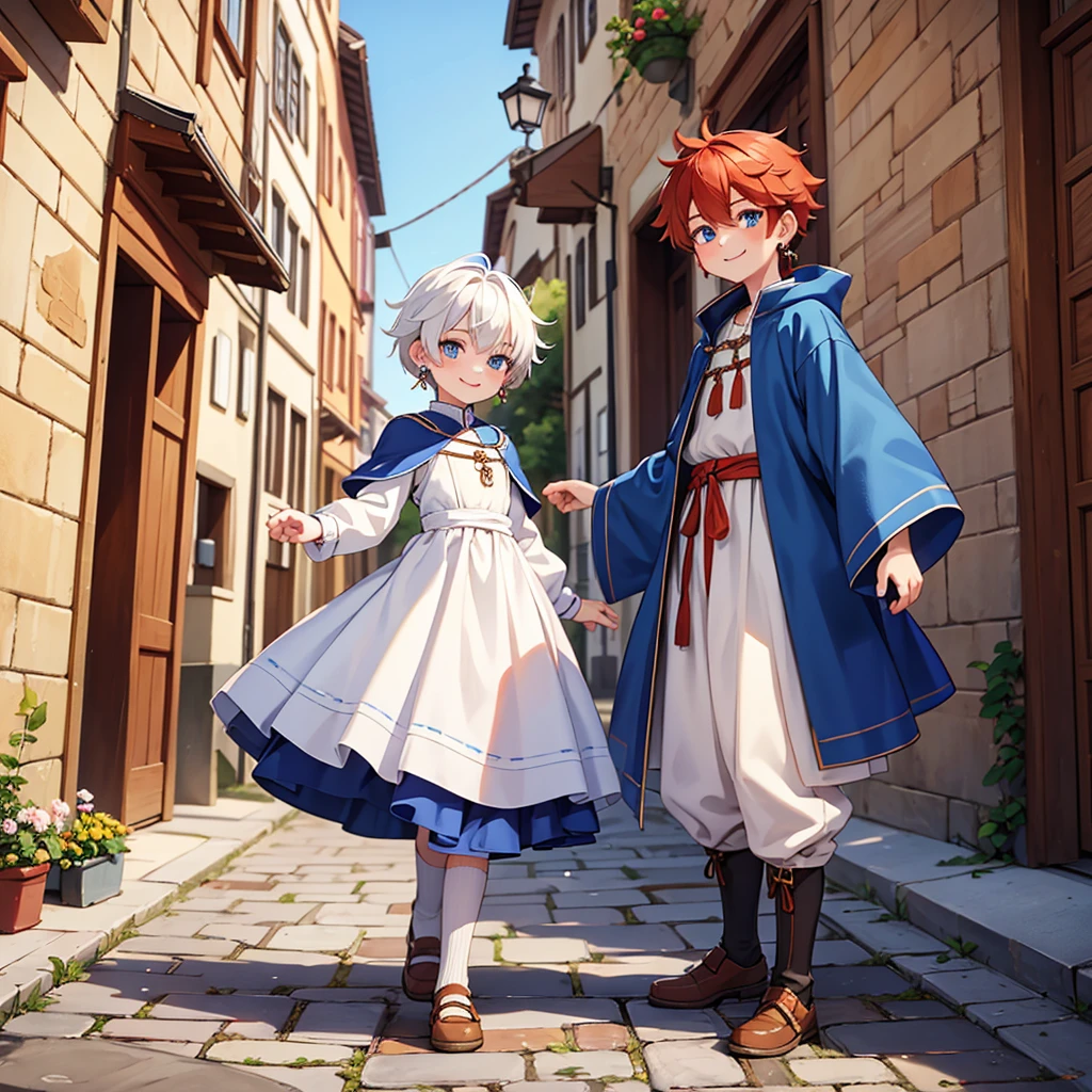 Beautiful, high quality, a  fox boy, 4'6, blue eyes, white hair, full body, 1 boy, cute face, earrings, auburn hair, looking at the camera, smiling, wearing a boy medieval style clothes, stand in a middle of street of medieval city