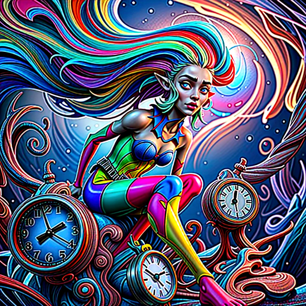 A captivating 3D rendered masterpiece by Mr. Cepriu, featuring a whimsical and fantastical elf with a stunning, colorful appearance. The elf's body is adorned in bright neon multicolor latex, with ultra-detailed glass eyes that vividly express emotions. Flowing neon multicolor hair cascades down, swirling and creating a mesmerizing aura that resembles a rainbow. The elf is perched among surreal twisted clocks reminiscent of Dalí's work, set within a dreamlike and mystical landscape. The high-resolution rendering showcases intricate details, textures, and realistic lighting and shadows. The overall atmosphere is magical, transporting the viewer into a vibrant and dreamlike astral journey., 3d render, vibrant