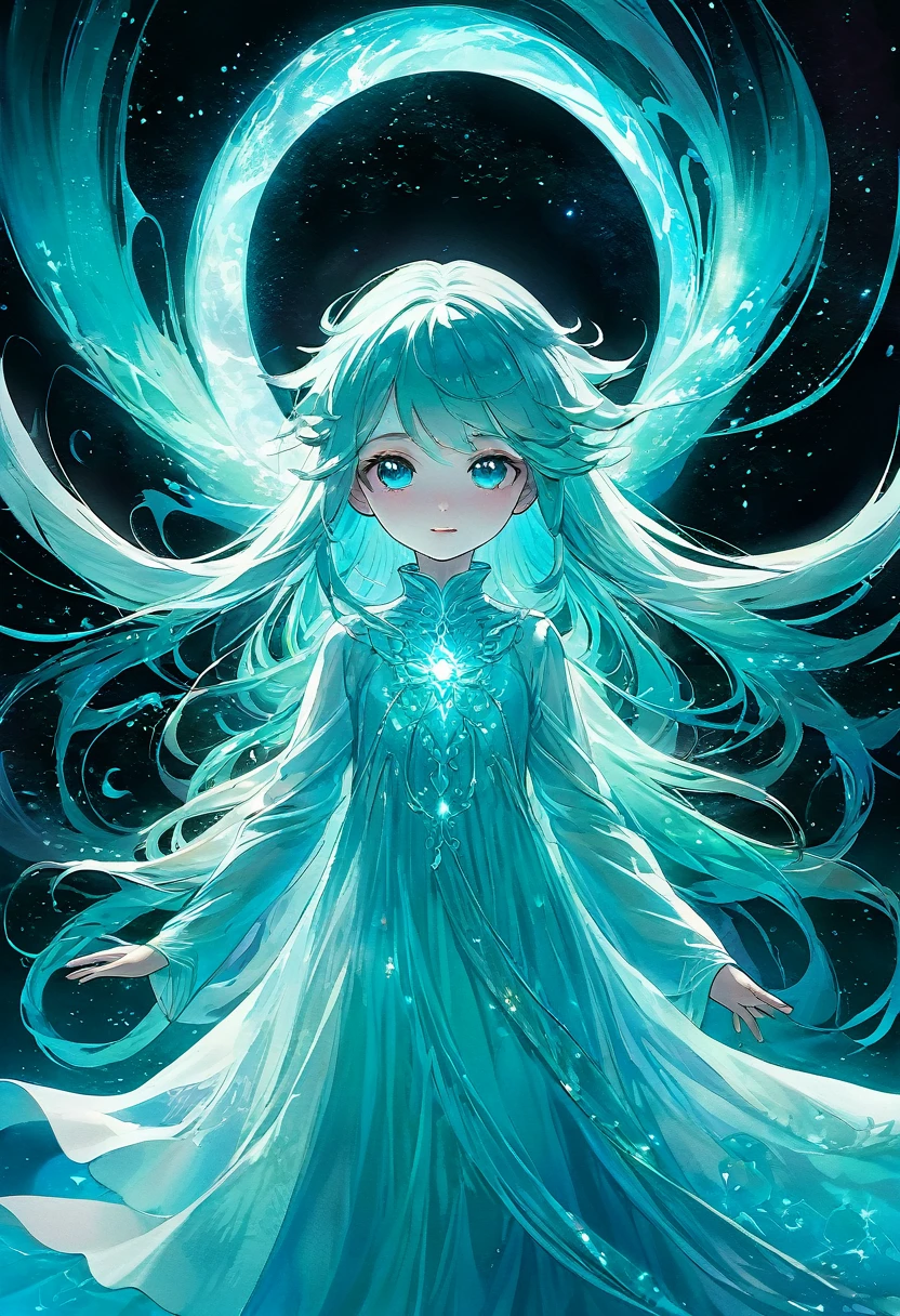 Create an enchanting artwork featuring a small, ethereal soul-like entity as the focal point. This entity should have a translucent, cyan-colored body that radiates a soothing cyan aura, making it appear both mystical and inviting. The entity should be portrayed as cute and endearing, with big, expressive eyes that exude curiosity and wonder. Its overall appearance should give the impression of a friendly and approachable ghost-like figure