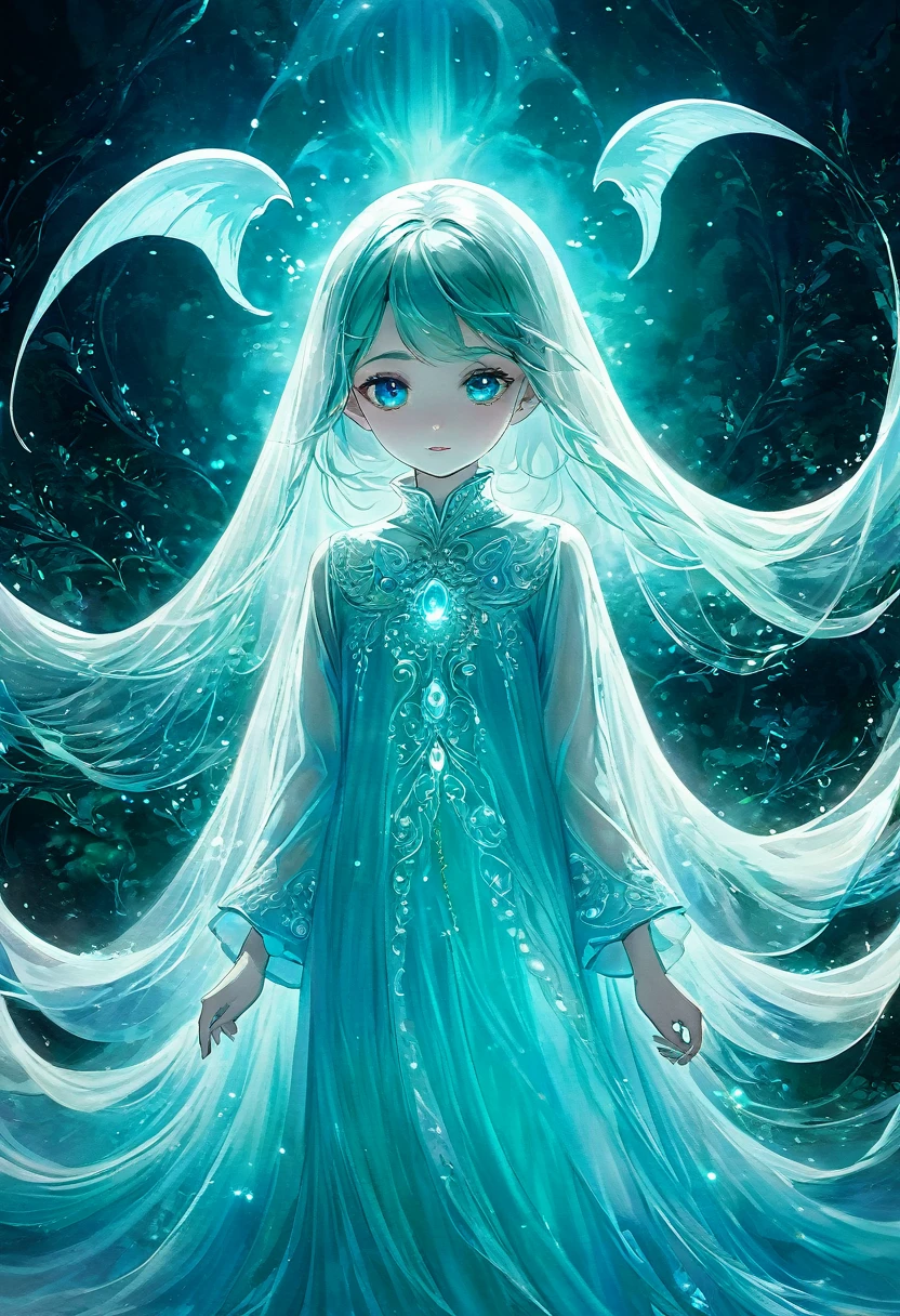 Create an enchanting artwork featuring a small, ethereal soul-like entity as the focal point. This entity should have a translucent, cyan-colored body that radiates a soothing cyan aura, making it appear both mystical and inviting. The entity should be portrayed as cute and endearing, with big, expressive eyes that exude curiosity and wonder. Its overall appearance should give the impression of a friendly and approachable ghost-like figure