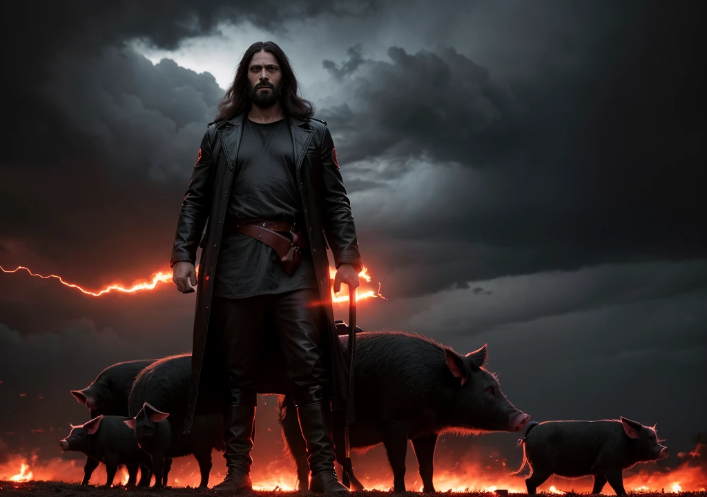 "Man with appearance similar to Jesus Christ, surrounded by a horde of pigs with glowing red eyes in a dark and dramatic setting. The sky in the background is dark and stormy, with flames lighting up part of the scene, creating a tense and apocalyptic atmosphere. "