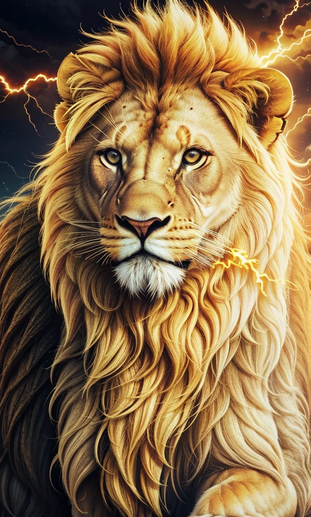 Lion, Divine Lion, naturals, thunder, Realistic Lion, rey, realistic detailed, Sunset light, sky, Sol noturno, realistic detailed 16K, Eletricidade Detalhada 8K, Darkness Background, Texturas realistas de 8K, Cores photorrealistic 8K, fire azul, realistic detailed Fire Bolt, sky Light Detailed, Power of thunder, Realistic Divine, gold color, Divine gold, Golden light, naturey, Linda, Rendering, photorrealistic, UltraHigh definition, 4K, detailed textures, thunder, detailed shadows, detailed colors, neon blue, blue light, lightning strikes, blue power, naturey Linda, Great Divine, peaceful face, naturalss, lightning strike, Electric Power Screw, detailed contrast, realistic contrast, high resolution, detailed colors, fire, villany, divine creature, 8K FullHD, realistic detailed, 16K, 8K, High definition, detailed contrast, realistic contrast, high resolution, detailed colors, fire, villany, divine creature, 8K Realistic Lion Face, realistic detailed, chic, elegance