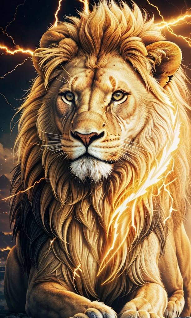 Lion, Divine Lion, naturals, thunder, Realistic Lion, rey, realistic detailed, Sunset light, sky, Sol noturno, realistic detailed 16K, Eletricidade Detalhada 8K, Darkness Background, Texturas realistas de 8K, Cores photorrealistic 8K, fire azul, realistic detailed Fire Bolt, sky Light Detailed, Power of thunder, Realistic Divine, gold color, Divine gold, Golden light, naturey, Linda, Rendering, photorrealistic, UltraHigh definition, 4K, detailed textures, thunder, detailed shadows, detailed colors, neon blue, blue light, lightning strikes, blue power, naturey Linda, Great Divine, peaceful face, naturalss, lightning strike, Electric Power Screw, detailed contrast, realistic contrast, high resolution, detailed colors, fire, villany, divine creature, 8K FullHD, realistic detailed, 16K, 8K, High definition, detailed contrast, realistic contrast, high resolution, detailed colors, fire, villany, divine creature, 8K Realistic Lion Face, realistic detailed, chic, elegance